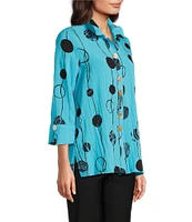 Ali Miles Petite Size Printed Woven Crinkle Wire Collar 3/4 Sleeve Button Front Tunic