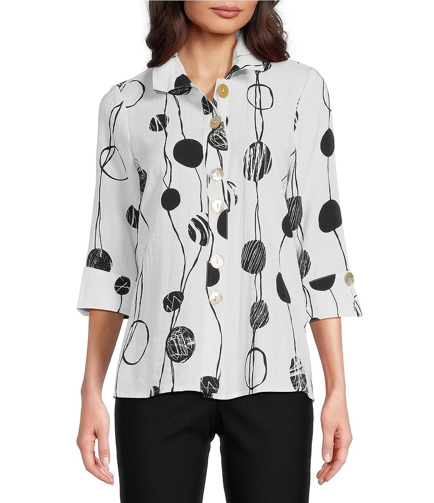 Ali Miles Petite Size Printed Woven Crinkle Wire Collar 3/4 Sleeve Button Front Tunic