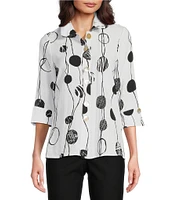 Ali Miles Petite Size Printed Woven Crinkle Wire Collar 3/4 Sleeve Button Front Tunic