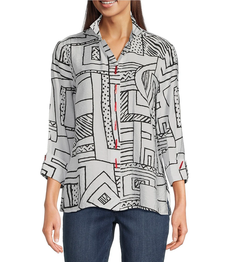 Ali Miles Petite Size Printed Woven Wire Collar 3/4 Sleeve Button Front Blouse