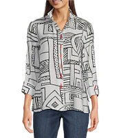 Ali Miles Petite Size Printed Woven Wire Collar 3/4 Sleeve Button Front Blouse