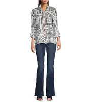 Ali Miles Petite Size Printed Woven Wire Collar 3/4 Sleeve Button Front Blouse