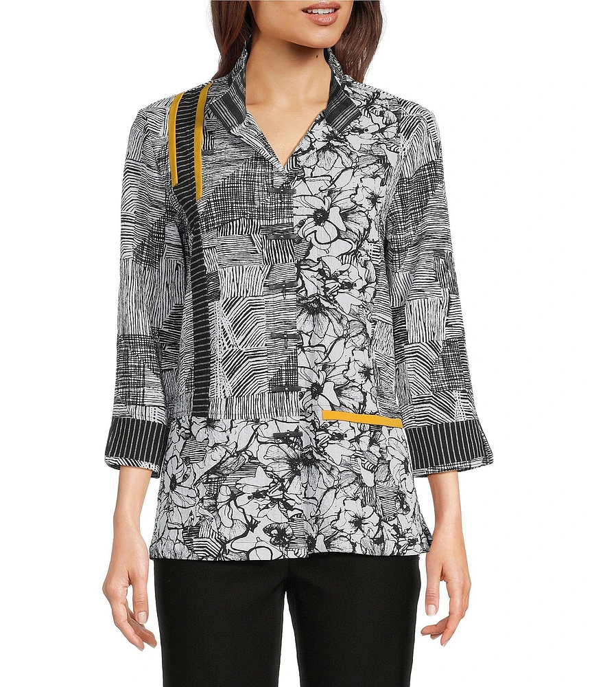 Ali Miles Petite Size Puckered Woven Floral Stripe Print Wire Collar 3/4 Sleeve Contrast Trim Button Front Tunic