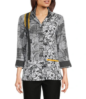 Ali Miles Petite Size Puckered Woven Floral Stripe Print Wire Collar 3/4 Sleeve Contrast Trim Button Front Tunic