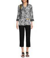 Ali Miles Petite Size Puckered Woven Floral Stripe Print Wire Collar 3/4 Sleeve Contrast Trim Button Front Tunic