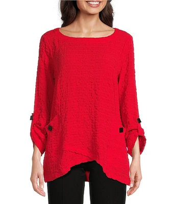 Ali Miles Petite Size Solid Puckered Woven Crew Neck Roll-Tab Sleeve Button Accent Detail Tunic