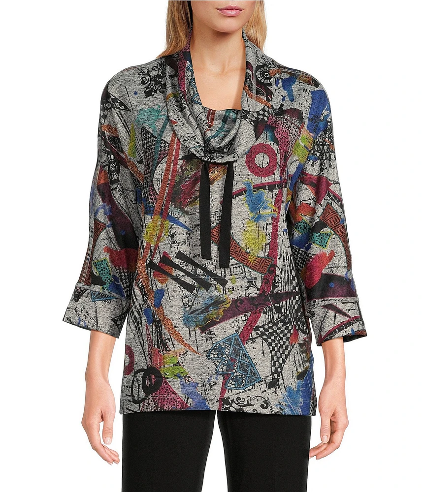 Ali Miles Petite Size Stretch Knit Abstract Print Cowl Neck 3/4 Sleeve Front Pouch Pocket Popover Tunic