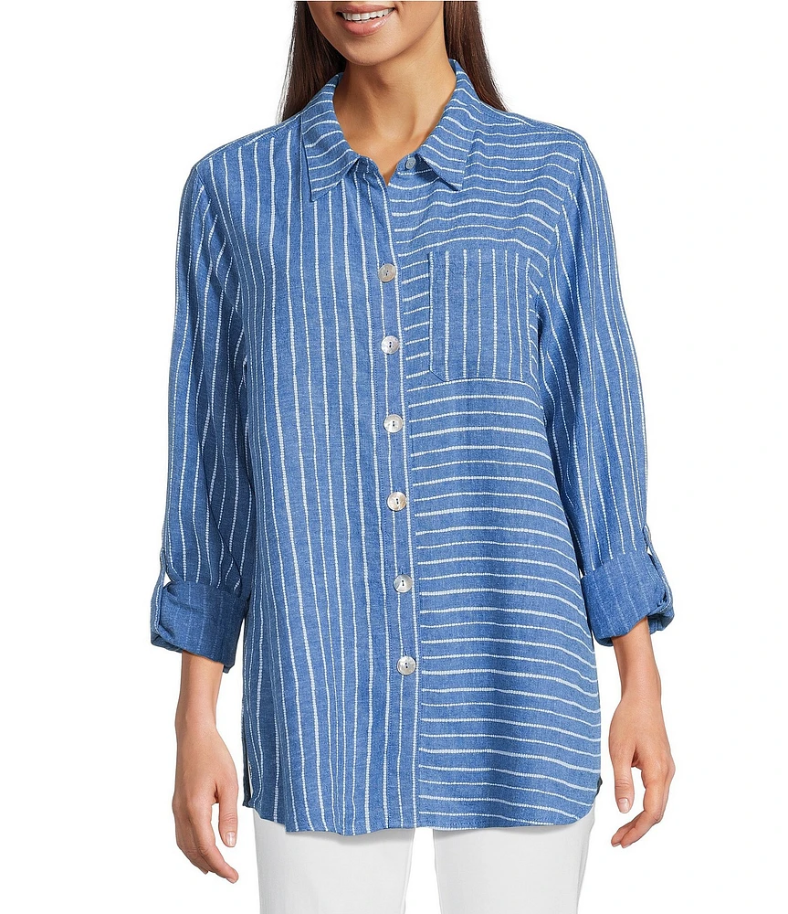 Ali Miles Petite Size Stripe Linen Blend Point Collar 3/4 Roll-Tab Sleeves Button Front Shirt