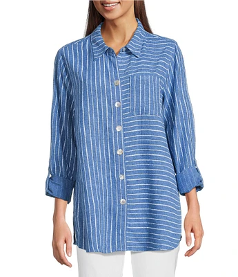 Ali Miles Petite Size Stripe Linen Blend Point Collar 3/4 Roll-Tab Sleeves Button Front Shirt