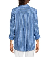 Ali Miles Petite Size Stripe Linen Blend Point Collar 3/4 Roll-Tab Sleeves Button Front Shirt