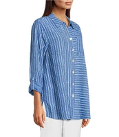 Ali Miles Petite Size Stripe Linen Blend Point Collar 3/4 Roll-Tab Sleeves Button Front Shirt