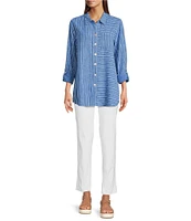 Ali Miles Petite Size Stripe Linen Blend Point Collar 3/4 Roll-Tab Sleeves Button Front Shirt