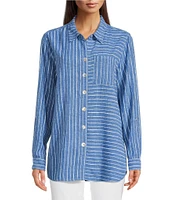 Ali Miles Petite Size Stripe Linen Blend Point Collar 3/4 Roll-Tab Sleeves Button Front Shirt