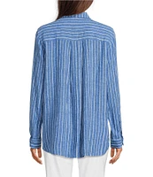 Ali Miles Petite Size Stripe Linen Blend Point Collar 3/4 Roll-Tab Sleeves Button Front Shirt