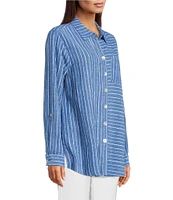 Ali Miles Petite Size Stripe Linen Blend Point Collar 3/4 Roll-Tab Sleeves Button Front Shirt