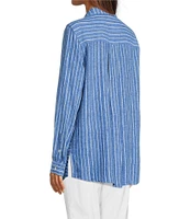 Ali Miles Petite Size Stripe Linen Blend Point Collar 3/4 Roll-Tab Sleeves Button Front Shirt