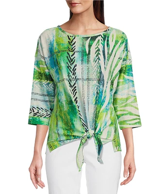Ali Miles Petite Size Textured Knit Abstract Print Scoop Neck 3/4 Dolman Sleeve Eyelet Top