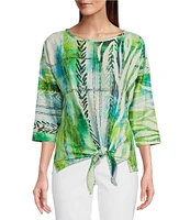 Ali Miles Petite Size Textured Knit Abstract Print Scoop Neck 3/4 Dolman Sleeve Eyelet Top