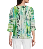 Ali Miles Petite Size Textured Knit Abstract Print Scoop Neck 3/4 Dolman Sleeve Eyelet Top