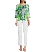 Ali Miles Petite Size Textured Knit Abstract Print Scoop Neck 3/4 Dolman Sleeve Eyelet Top