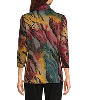 Ali Miles Petite Size Textured Knit Burnout Printed Cowl Neck 3/4 Sleeve Tunic