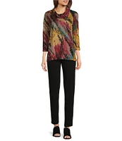Ali Miles Petite Size Textured Knit Burnout Printed Cowl Neck 3/4 Sleeve Tunic