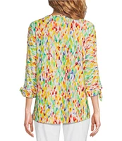 Ali Miles Petite Size Textured Knit Printed Round Neck 3/4 Tie Sleeve Shirttail Hem Tunic