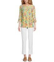 Ali Miles Petite Size Textured Knit Printed Round Neck 3/4 Tie Sleeve Shirttail Hem Tunic