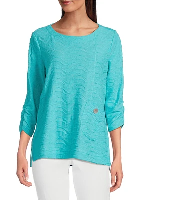 Ali Miles Petite Size Textured Knit Round Neck 3/4 Sleeve Hi-Low Hem Top