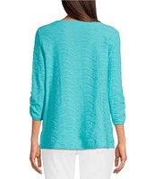Ali Miles Petite Size Textured Knit Round Neck 3/4 Sleeve Hi-Low Hem Top