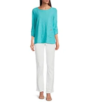 Ali Miles Petite Size Textured Knit Round Neck 3/4 Sleeve Hi-Low Hem Top