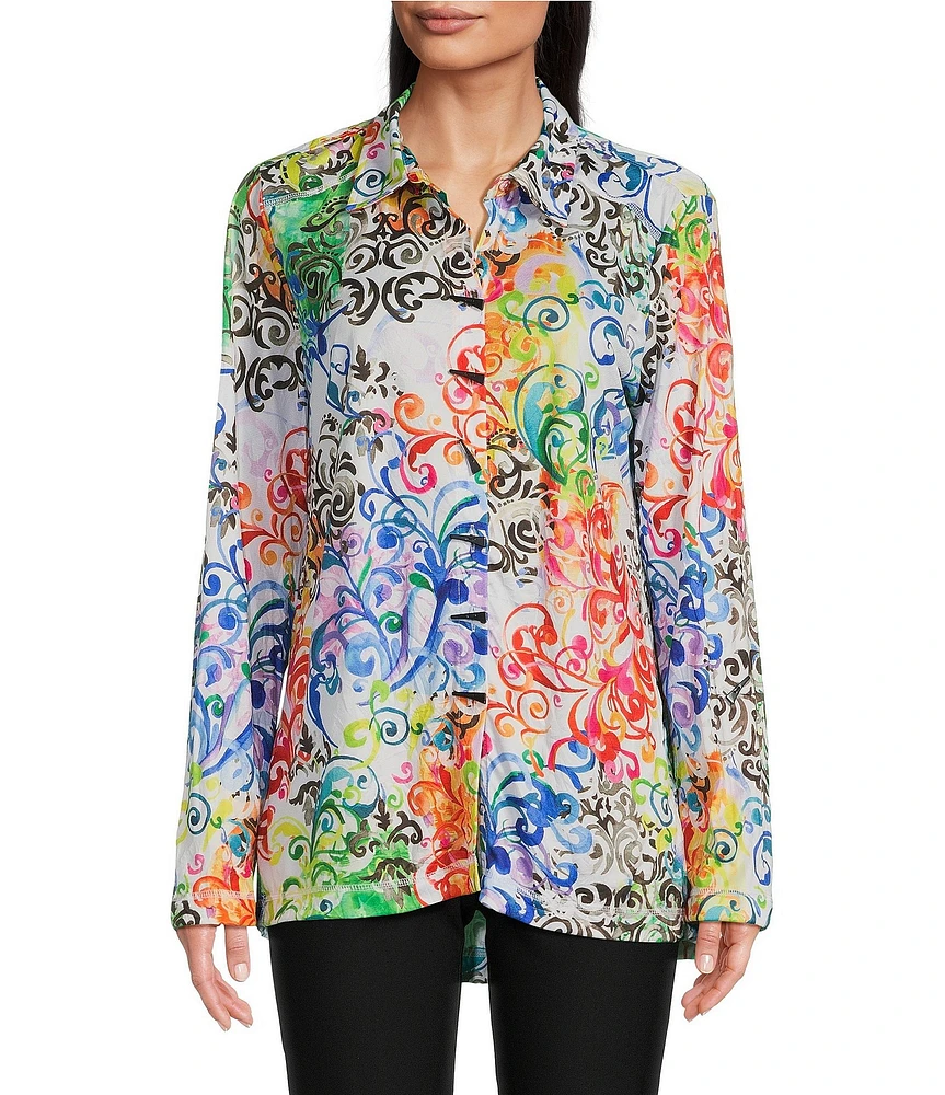 Ali Miles Petite Size Woven Abstract Multi Print Point Collar 3/4 Roll-Tab Sleeve Button Front Tunic