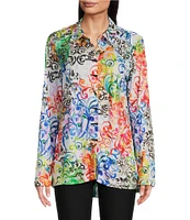 Ali Miles Petite Size Woven Abstract Multi Print Point Collar 3/4 Roll-Tab Sleeve Button Front Tunic