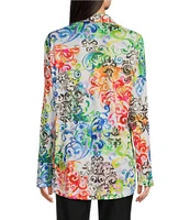 Ali Miles Petite Size Woven Abstract Multi Print Point Collar 3/4 Roll-Tab Sleeve Button Front Tunic