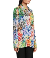 Ali Miles Petite Size Woven Abstract Multi Print Point Collar 3/4 Roll-Tab Sleeve Button Front Tunic