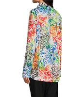 Ali Miles Petite Size Woven Abstract Multi Print Point Collar 3/4 Roll-Tab Sleeve Button Front Tunic