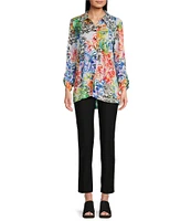 Ali Miles Petite Size Woven Abstract Multi Print Point Collar 3/4 Roll-Tab Sleeve Button Front Tunic