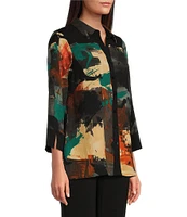 Ali Miles Petite Size Woven Abstract Print Point Collar 3/4 Sleeve Button-Front Tunic