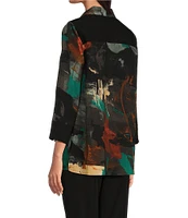 Ali Miles Petite Size Woven Abstract Print Point Collar 3/4 Sleeve Button-Front Tunic