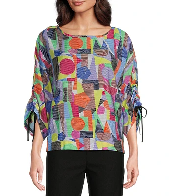 Ali Miles Petite Size Woven Abstract Print Round Neck 3/4 Dolman Cinch Tie Sleeve Tunic