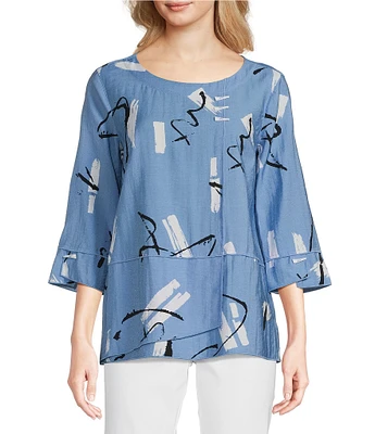 Ali Miles Petite Size Woven Abstract Print Round Neck 3/4 Sleeve Tunic