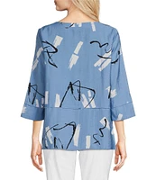 Ali Miles Petite Size Woven Abstract Print Round Neck 3/4 Sleeve Tunic