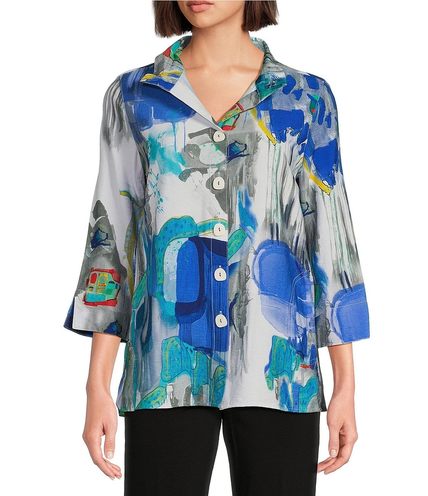 Ali Miles Petite Size Woven Abstract Print Wire Collar 3/4 Sleeve Button Front Tunic