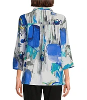 Ali Miles Petite Size Woven Abstract Print Wire Collar 3/4 Sleeve Button Front Tunic