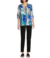 Ali Miles Petite Size Woven Abstract Print Wire Collar 3/4 Sleeve Button Front Tunic