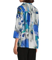 Ali Miles Petite Size Woven Abstract Print Wire Collar 3/4 Sleeve Button Front Tunic