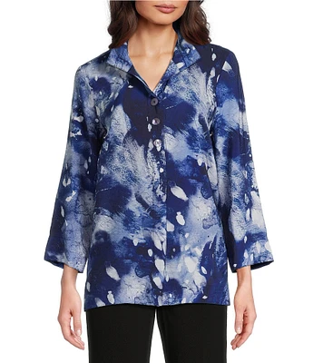 Ali Miles Petite Size Woven Abstract Print Wire Collar 3/4 Sleeve Hi-Low Hem Button-Front Tunic