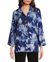 Ali Miles Petite Size Woven Abstract Print Wire Collar 3/4 Sleeve Hi-Low Hem Button-Front Tunic