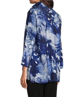 Ali Miles Petite Size Woven Abstract Print Wire Collar 3/4 Sleeve Hi-Low Hem Button-Front Tunic