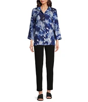 Ali Miles Petite Size Woven Abstract Print Wire Collar 3/4 Sleeve Hi-Low Hem Button-Front Tunic